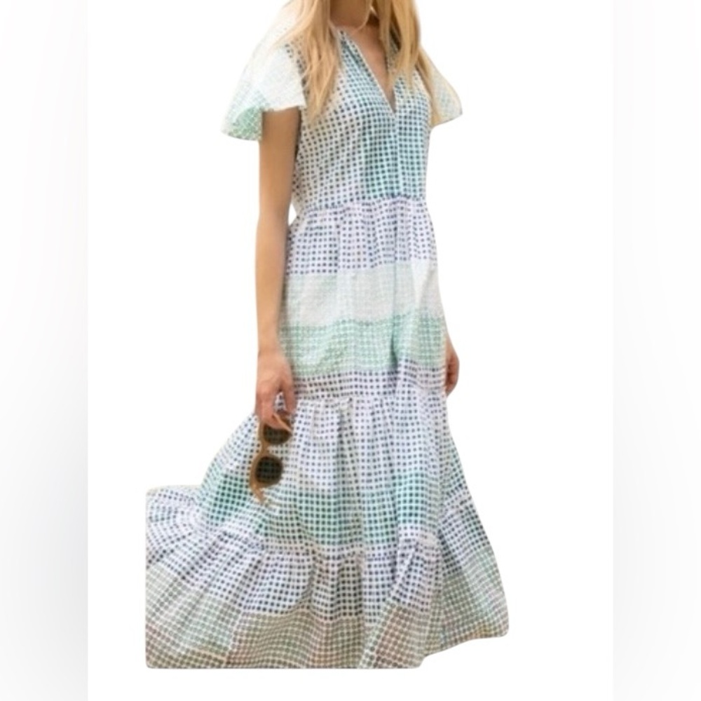 NWT Oliphant V-Neck Astrid Cotton Block Print Flutter Sleeve Maxi Dress